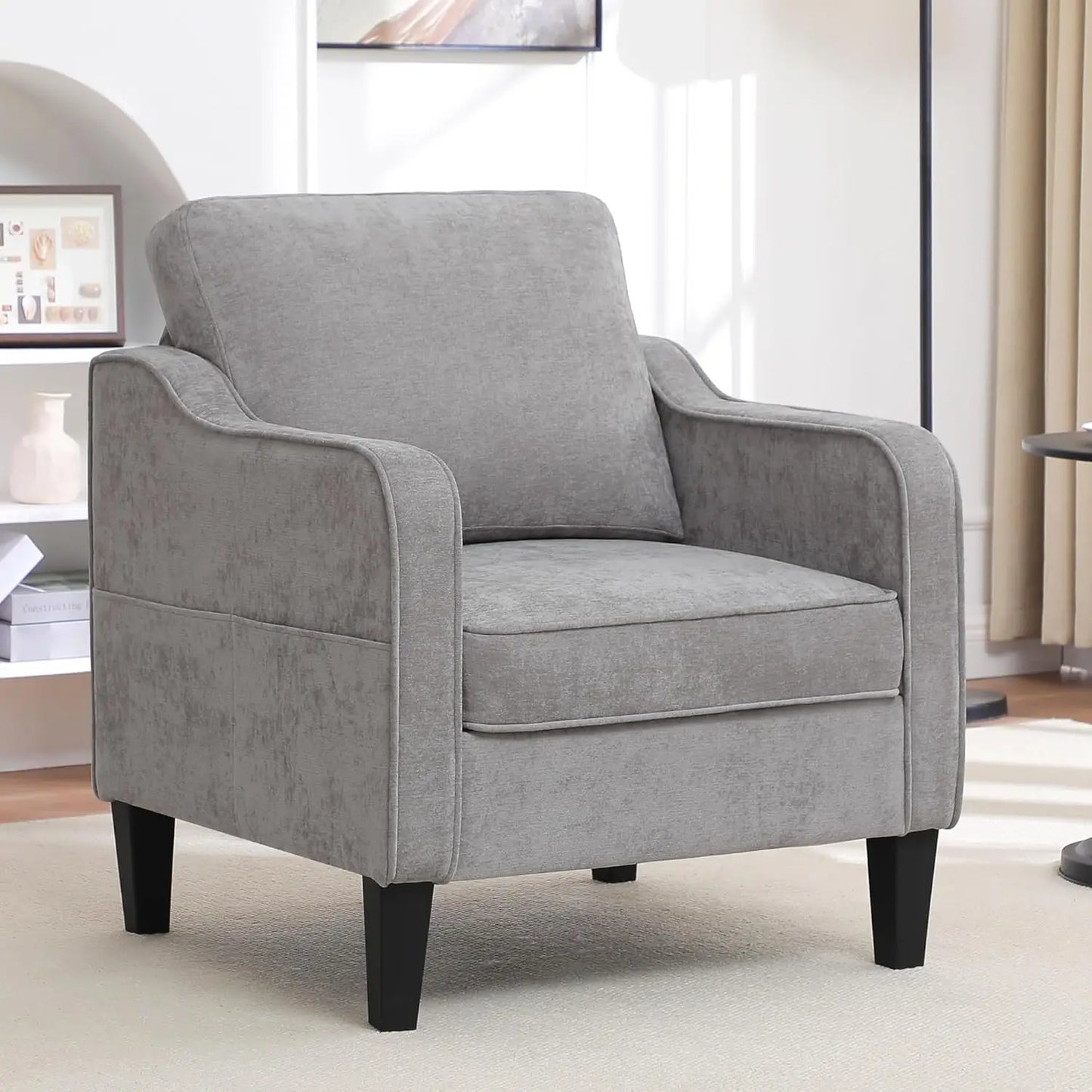 Mid Century Modern Reading Chair for Office, Upholstered Armchair with Side Pockets, Comfy Single