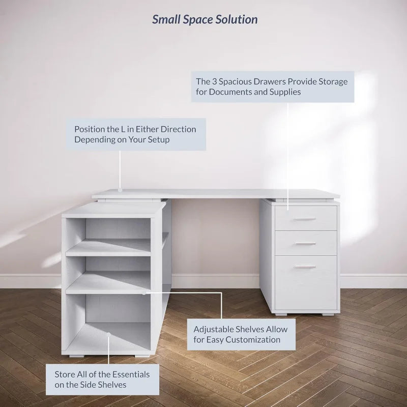 YXI L Shaped Computer Desk, 60” Study Writing Table Home Office Desk Morden Corner Workstation Setup with Shelves and 3 , CU