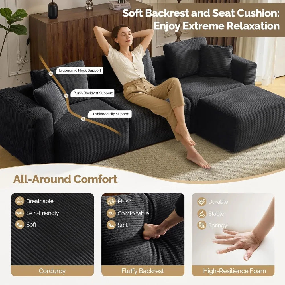 112.2“ Convertible Corduroy Cloud Sectional Couches with Movable Ottoman, L-Shaped Upholstered Sofa with Deep Seat