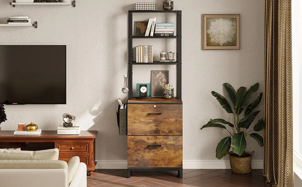 2 Drawer File Cabinet with Lock,Fits Letter, Legal, A4 Size, Hanging File Folders,Adjustable Storage Shelf and Hook,Rustic Brown