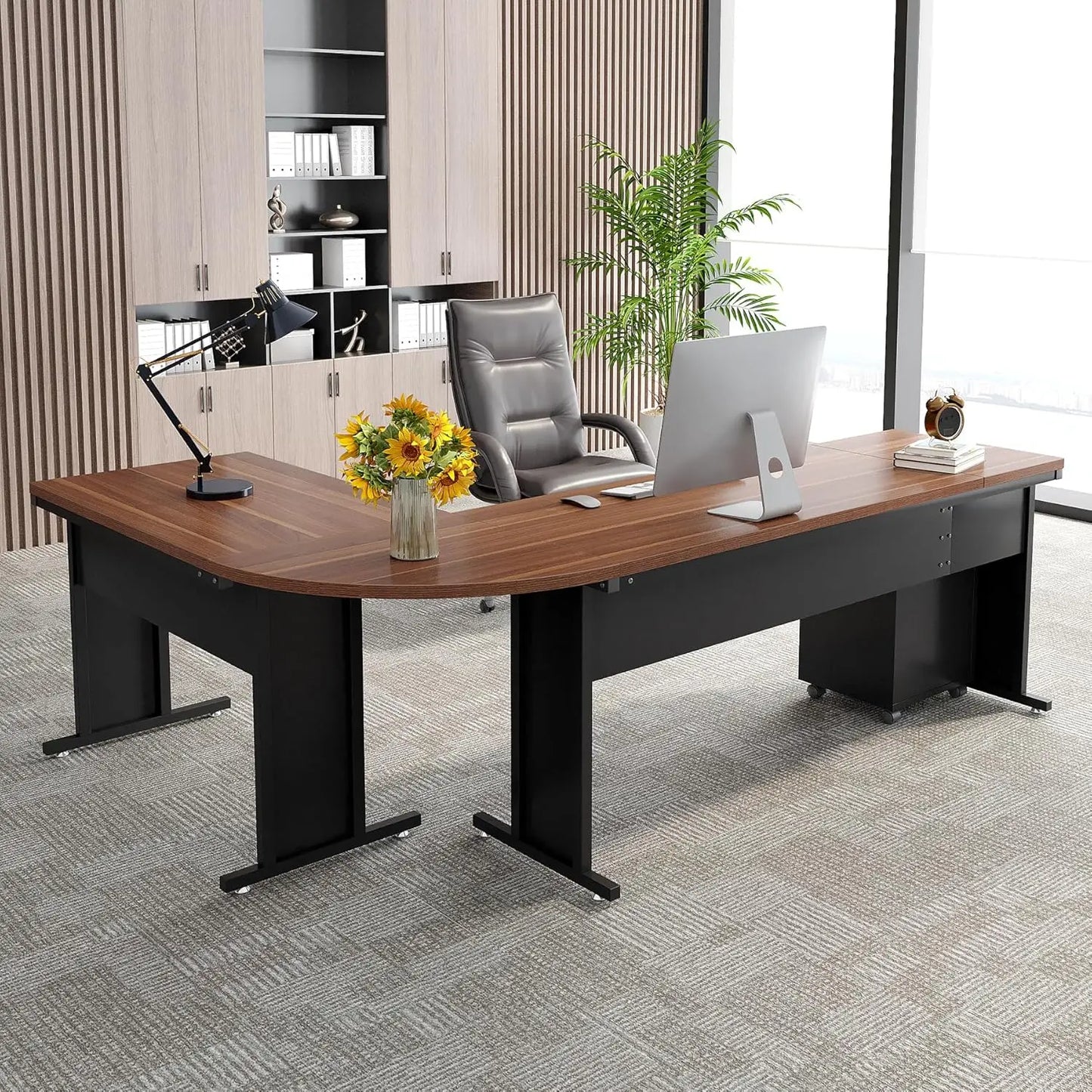 L-Shaped Executive Desk, Large Office Desk with Drawes,Industrial Corner Computer Table with File Cabinet, Business Workstation