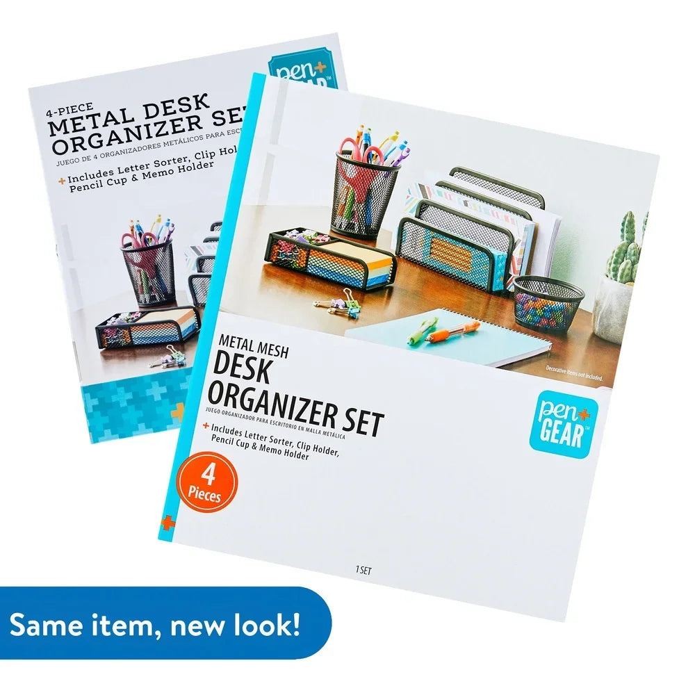 Metal Desk Organizer Set 4 Pieces Mesh Design Letter Sorter Pencil Cup Memo Holder Clip Holder Durable Office Home Storage