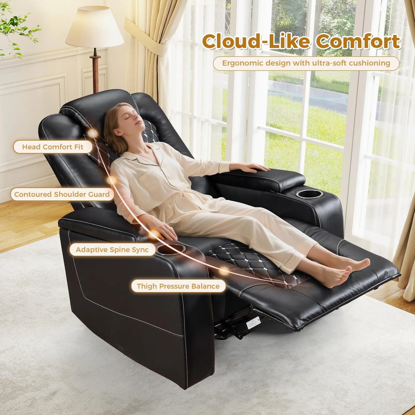 Electric Power Recliner Chair with USB Ports and Cup Holders, Breathable Leather Seating with Hidden Arm Storage