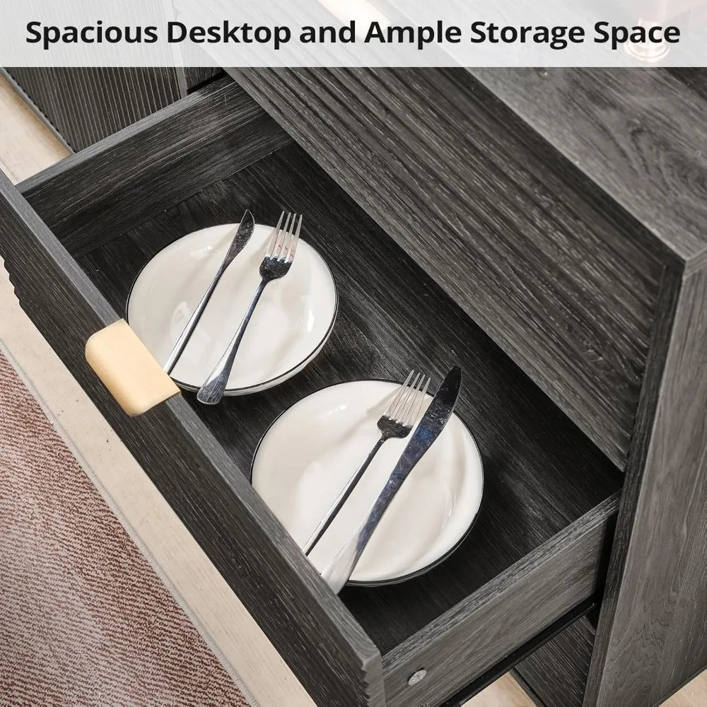 55''Large Fluted Sideboard Buffet Cabinet, Modern Buffet Table Coffee Bar Wine Bar Storage Cabinet with 2 Doors and 3 Drawers fo