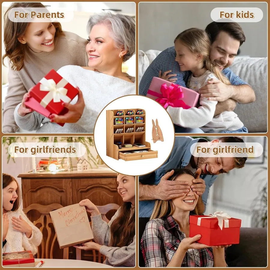 Wooden Desk Organizer Multi-Functional DIY Pen Holder for Home Office Desktop Stationary Storage with Drawer Easy Assembly Desi