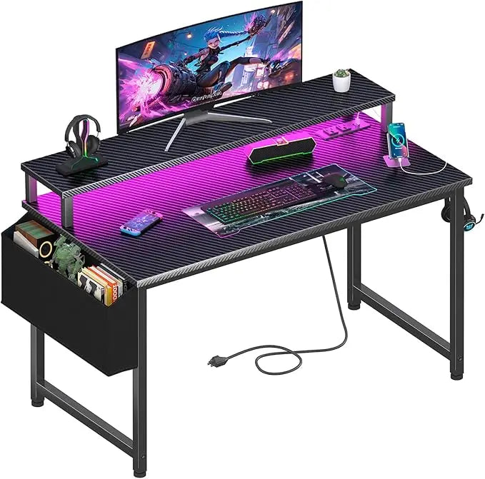 Black Gaming Desk with LED Lights and Power Outlets, 40 Inch Teen Writing Study Table Home Office Desks with Monitor Stand, Com