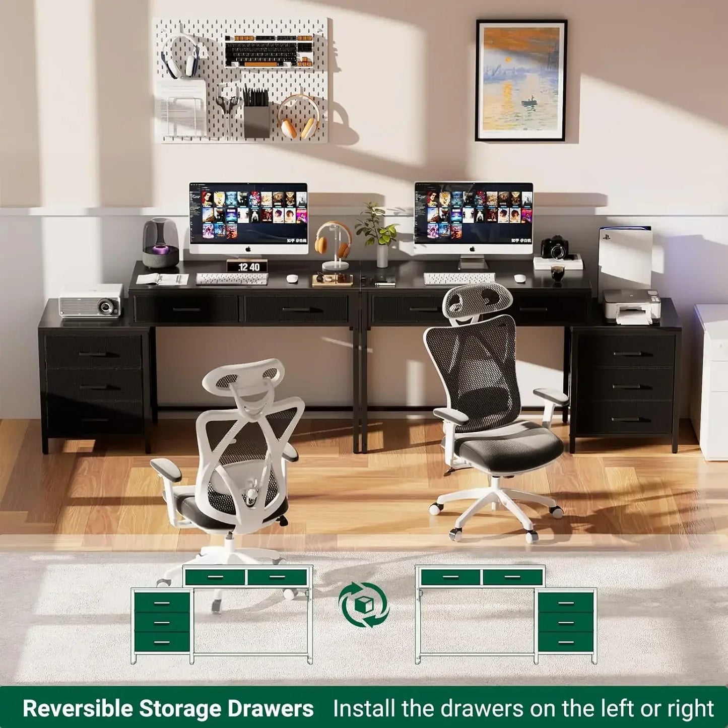 Reversible Computer Desk with 5 Drawers, Sturdy Office Desk with Power Outlets and USB Ports, Corner Writing Table with File