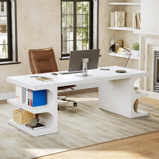 62.2-Inch Executive Desk, Modern Home Office Desks, Office Table with Storage Shelves for Workspace, Large Computer Desk, Long