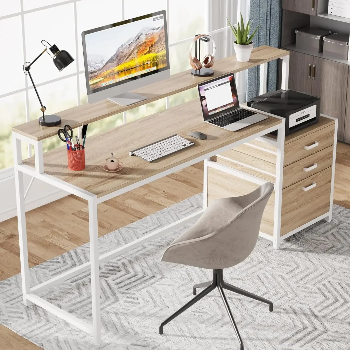 63 Inch Computer Desk with File Drawer Cabinet, Ergonomic Office Desk with Monitor Stand, Industrial Computer Table