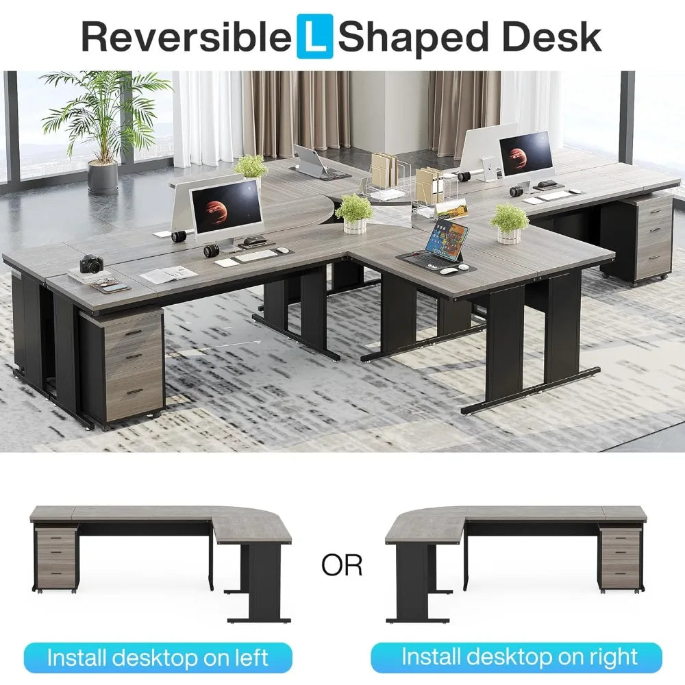 L-Shaped Executive Desk, Large Office Desk with Drawes,Industrial Corner Computer Table with File Cabinet, Business Workstation