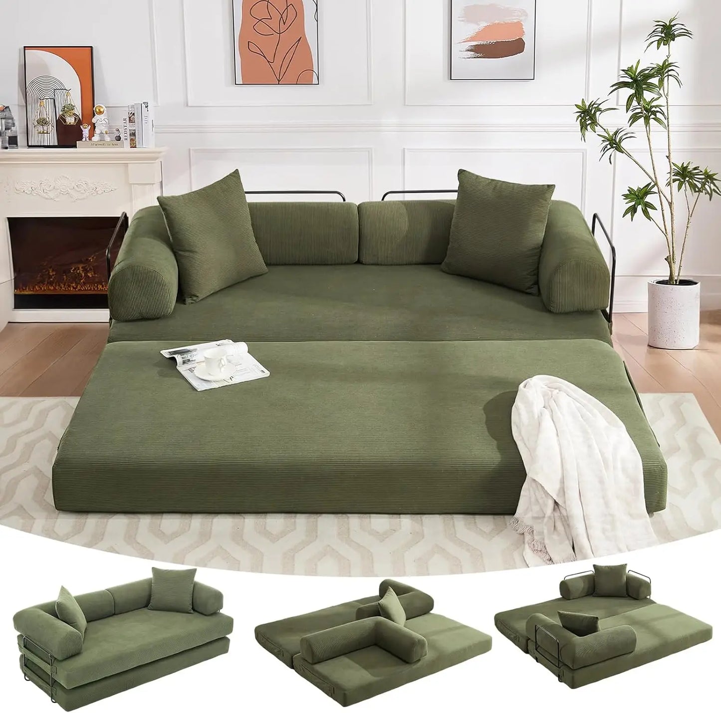 Convertible Folding Sofa Bed - Modular Floor Couch with Removable Backrest, Corduroy & Fixed-Frame
