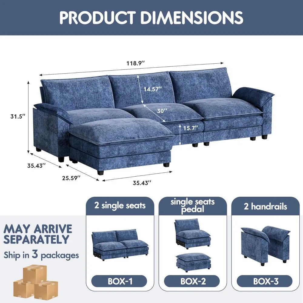 homall 119" modular sectional sofa, l shaped sofa couch with reversible ottoman, diy combination chenille deep 3-seat cloud couc