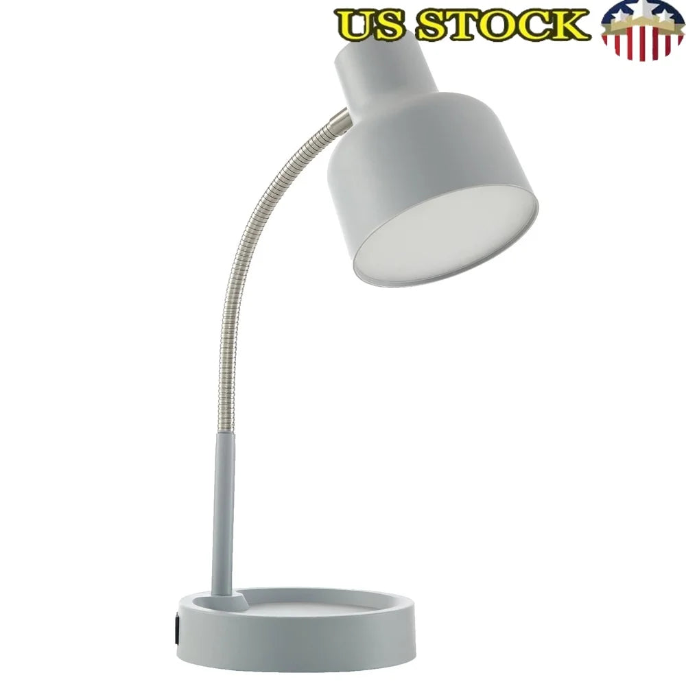 LED Desk Lamp with Catch-All Base AC Outlet Flexible Gooseneck Integrated LED Bulb Energy Efficient Storage Solution Workspace