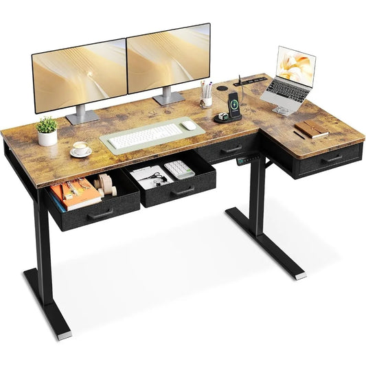 63 Inch L Shaped Electric Standing Desk with Drawers, Height Adjustable Large Desk with Power Outlets, Sit Stand Table