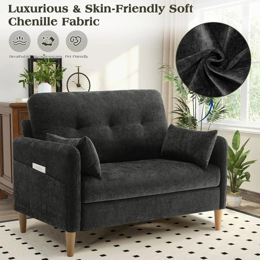 compact 47" loveseat sofa with comfy chenille fabric and removable throw pillow