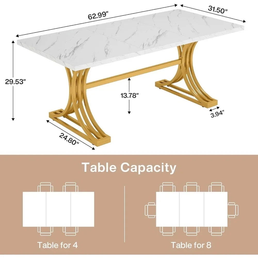 5FT Conference Table for 4 to 6, 63" W x 31.5" D Modern Meeting Table with Faux Marble Tabletop, White and Gold Business