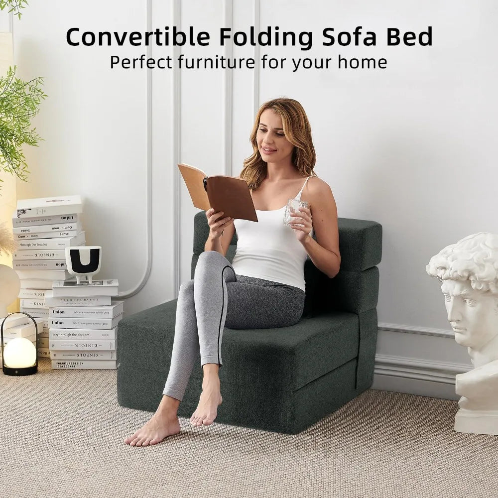 Convertible Folding Sofa Bed - Sleeper Chair with Pillow, Modern Linen Fabric, Futon Couch, Foldable Mattress