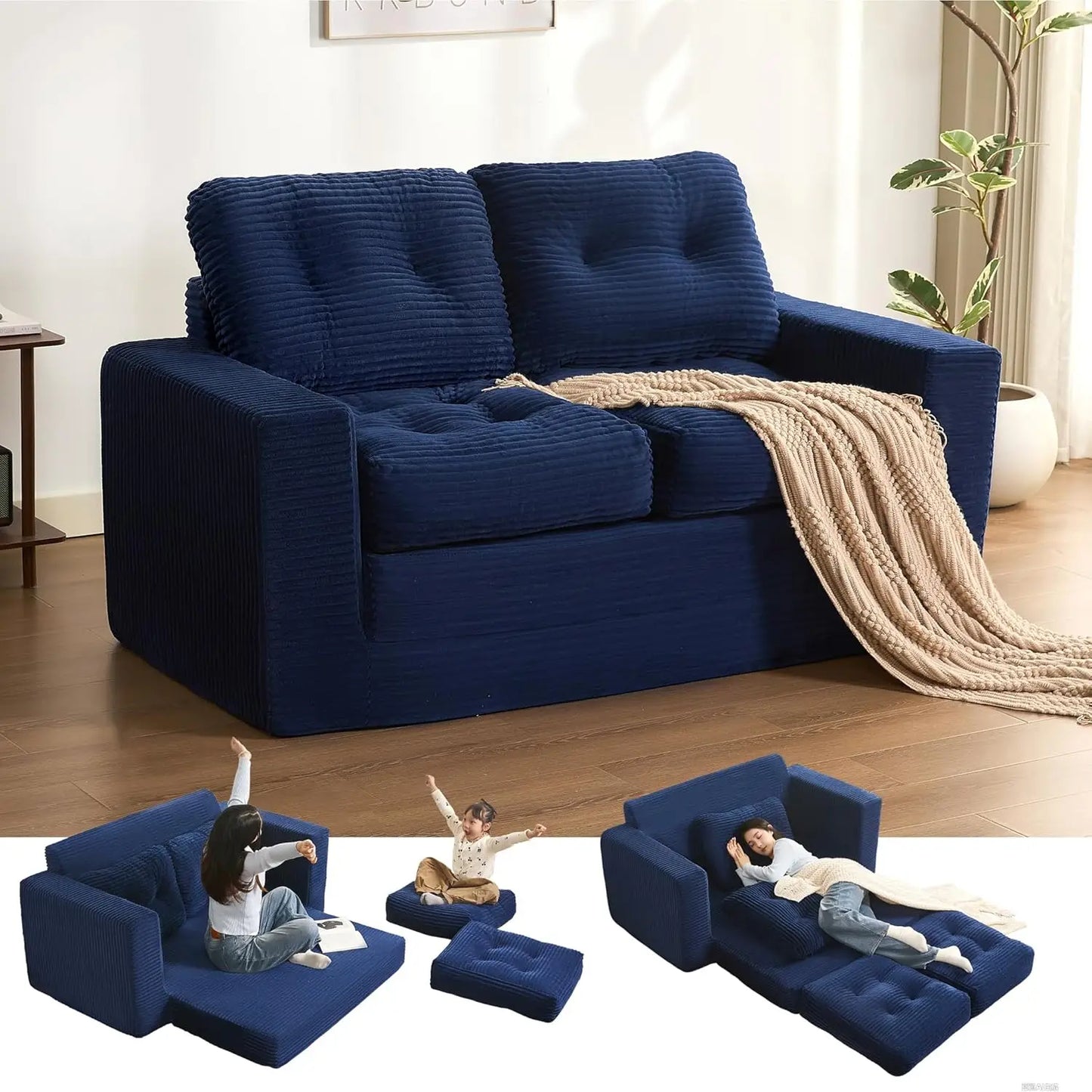 61" Corduroy 3-in-1 Convertible Sofa Bed - Pull Out Sleeper with Futon & Pillows