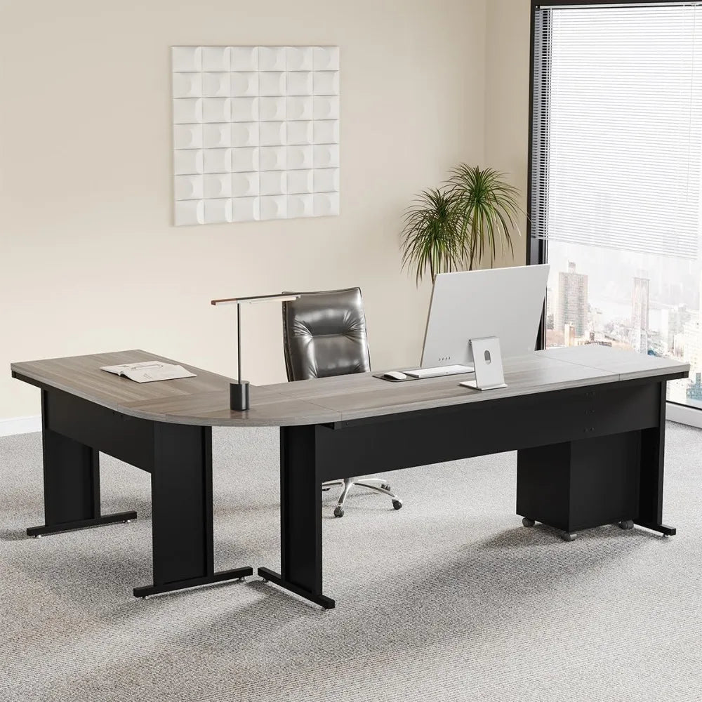 L-Shaped Executive Desk, Large Office Desk with Drawes,Industrial Corner Computer Table with File Cabinet, Business Workstation