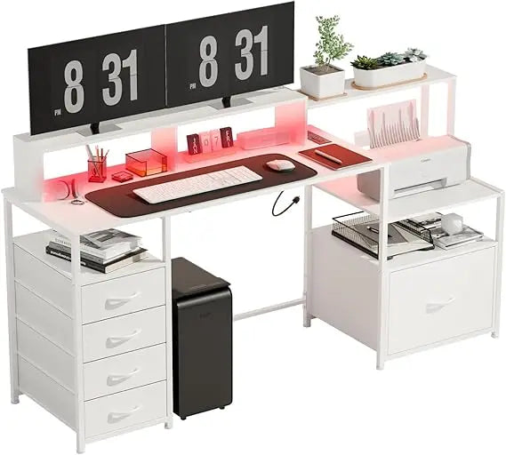 Computer Desk with Drawers, 67 Inch Office Desk with Storage and Power Outlet, Work Table for Home Office, Gaming Desk with Led
