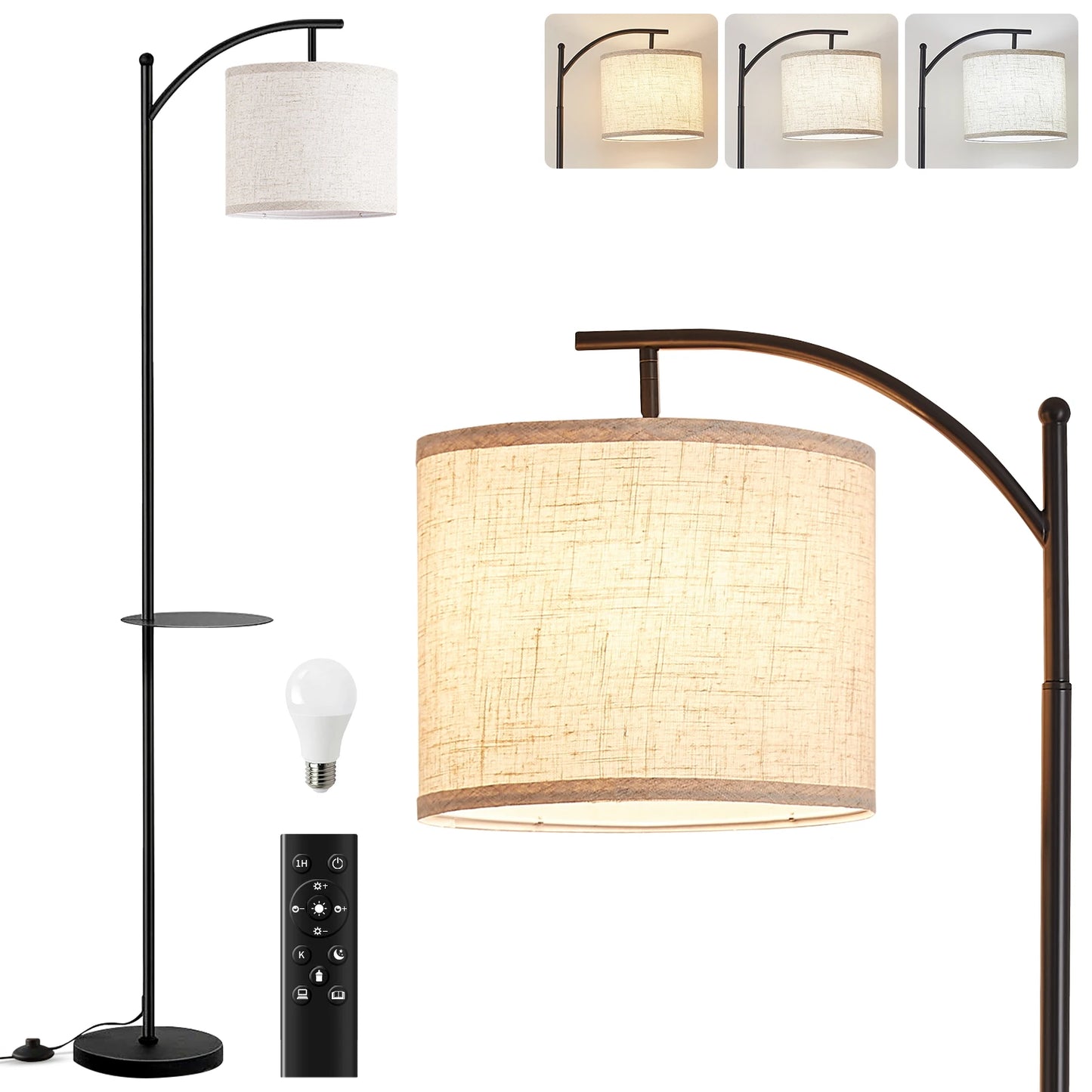 Floor Lamp With 3 Color Temperatures, Standing Lamp With Magnetic Remote Control For Bedroom, Living Room( 9W LED Bulb Included)