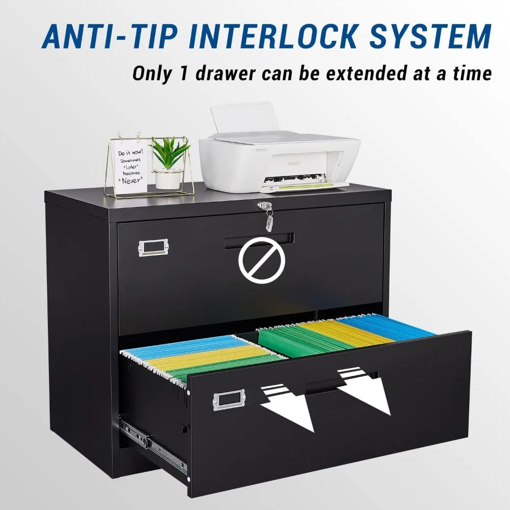 Lateral File Cabinet with Lock, 2 Drawer Large Metal Filing Cabinet, Home Office Lockable Storage Cabinet for Hanging Files Lett