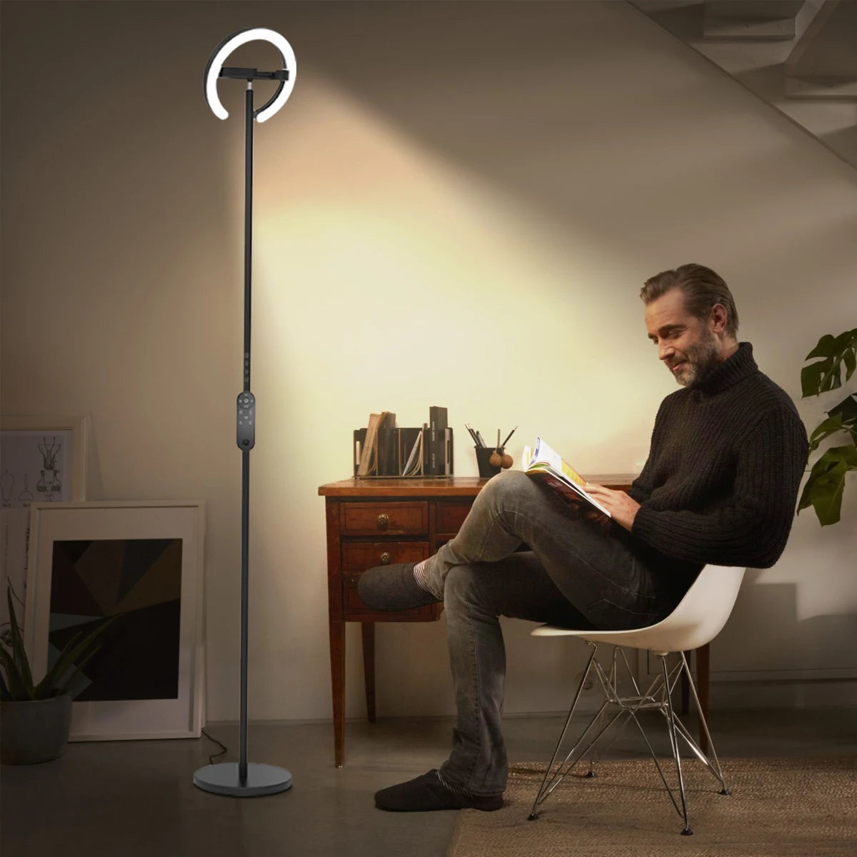 Modern Standing LED Floor Lamp with 2 Rotatable Lights, Remote & Touch Control, Bright Stepless Dimmable, Ideal for Office