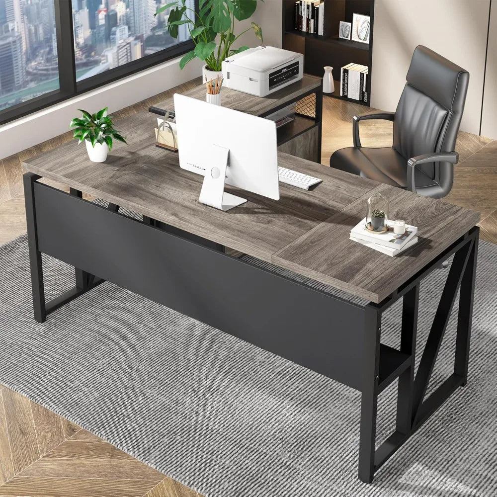 63 inches Computer Desk with Bottom Storage Shelf Home Office Desk Writing Table for Workstation,Dark Walnut + Steel Leg， Cabin