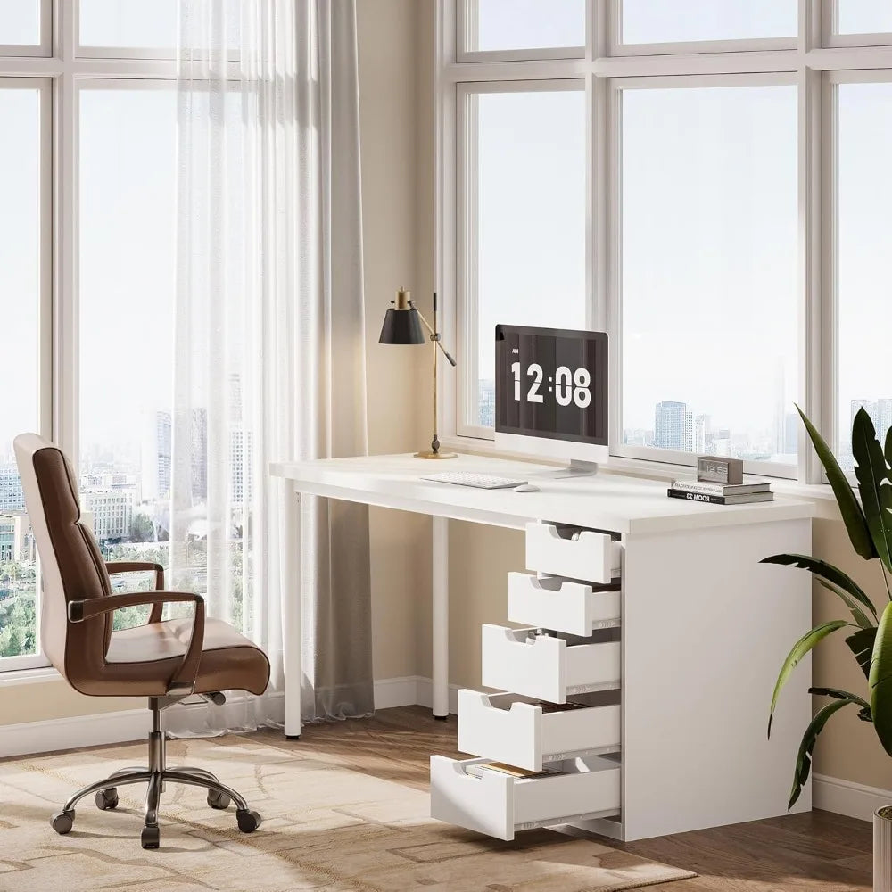 Modern Simple Computer Desk, 47 Inches PC Desk with 5 Reversible Drawers, Rustic Brown Study Writing Table Workstation for Home
