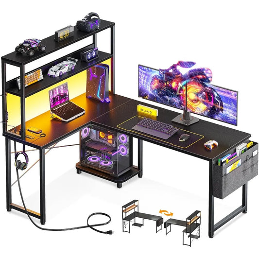 53 Inch L Shaped Desk with LED Lighting, Reversible Gaming Desk with Power Outlets, Cornor Computer Table with Storage Shelves