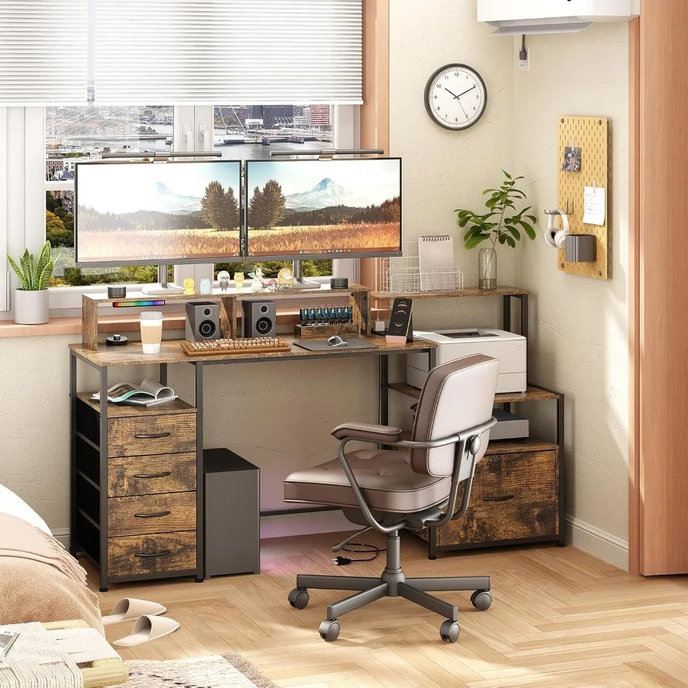 Computer Desk with Drawers, 67 Inch Office Desk with Storage and Power Outlet, Work Table for Home Office, Gaming Desk with Led
