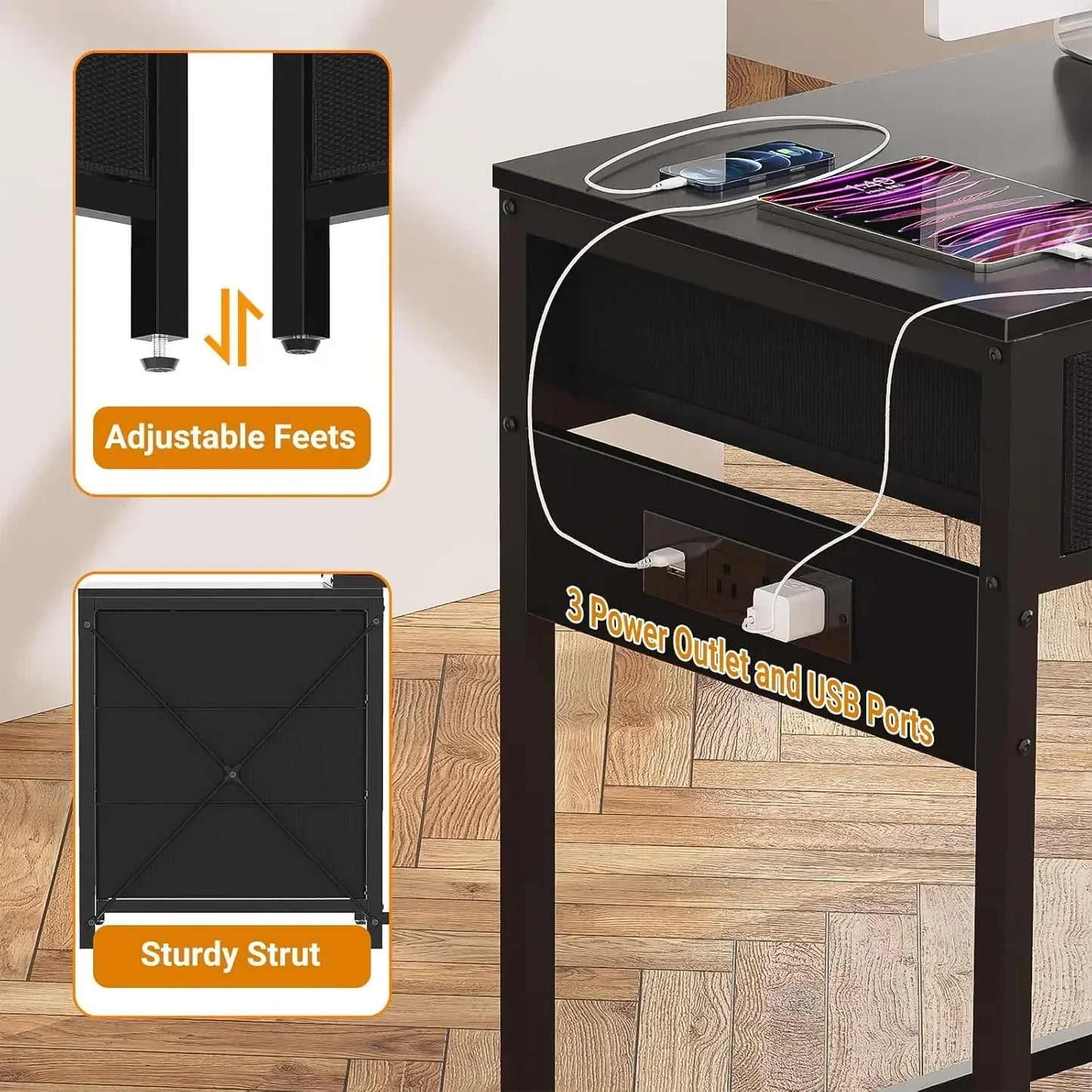 Reversible Computer Desk with 5 Drawers, Sturdy Office Desk with Power Outlets and USB Ports, Corner Writing Table with File