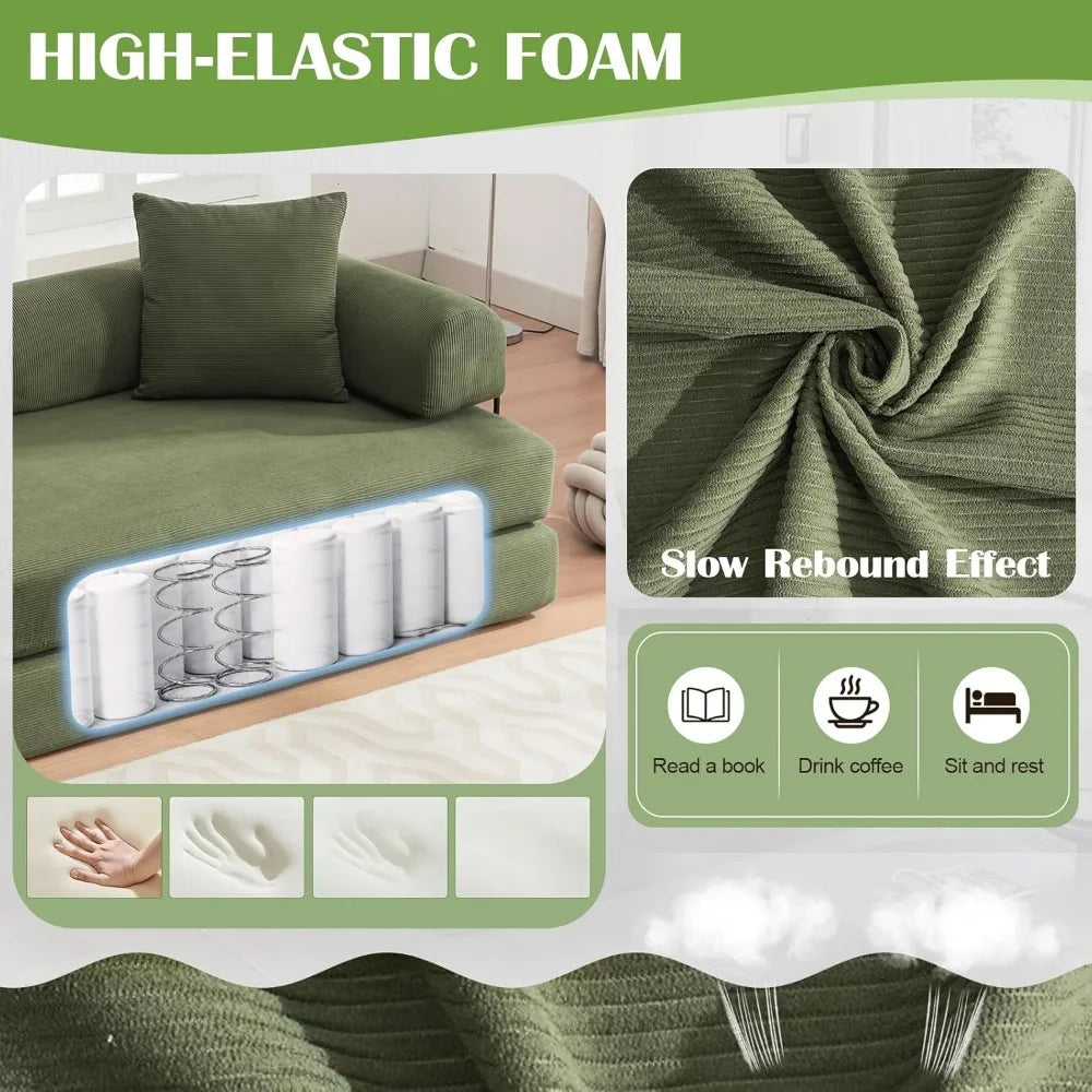 Convertible Folding Sofa Bed - Modular Floor Couch with Removable Backrest, Corduroy & Fixed-Frame