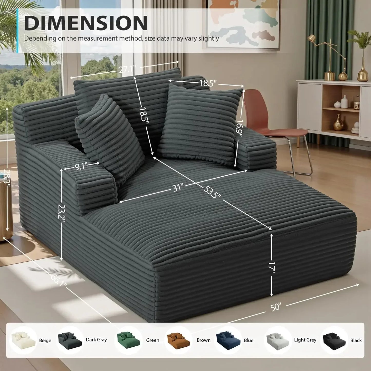 50 Inch Chaise Lounge Chair Indoor, Oversized Corduroy Upholstered Boneless Sofa Bed, Deep Seat Sleeper