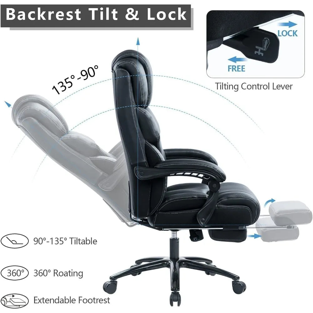 Big and Tall Office Chair 400LBS with Footrest, Heavy Duty Reclining Executive Desk Chairs, High Back Wide Seat Ergonomic Home C