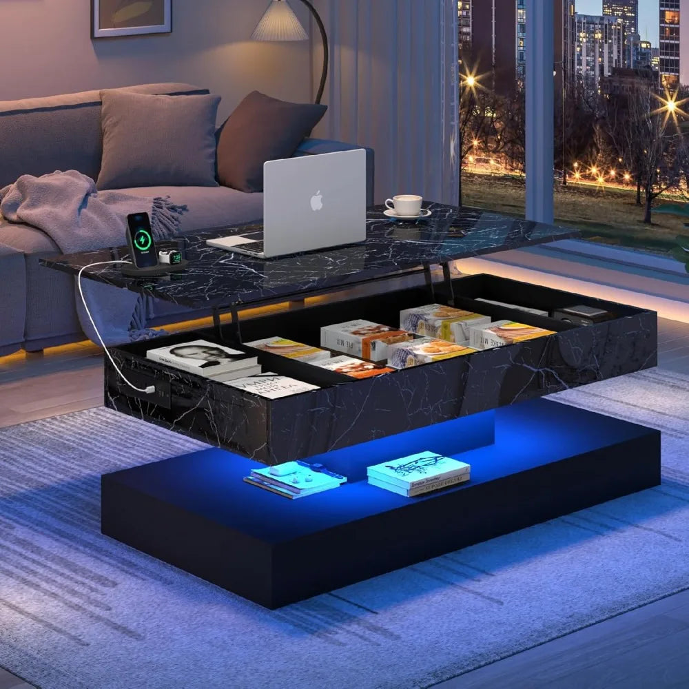 Large Lift Top Coffee Table with Charging Station, LED Modern High Glossy Center Table with Hidden Compartment Storage