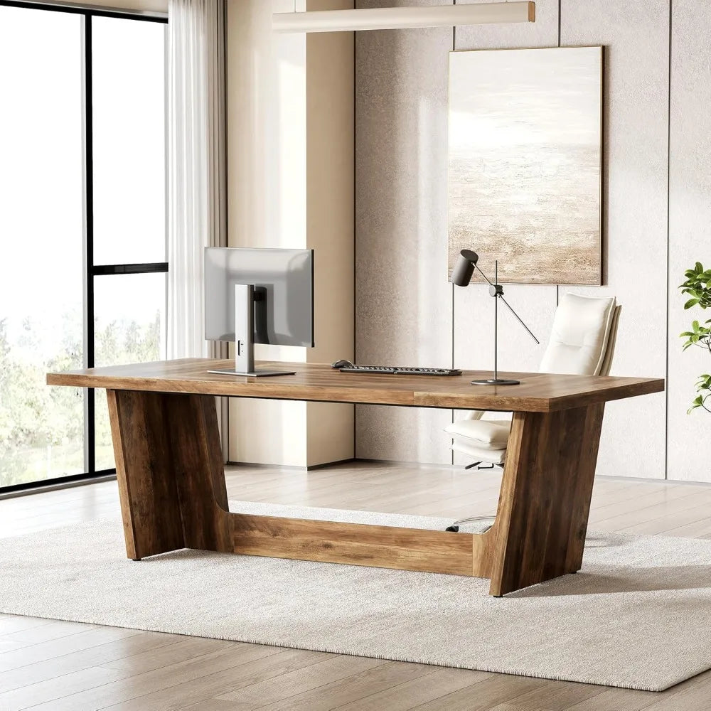 70.87 Inches Long Executive Desk, Brown Wooden Computer Desk, Industrial Simple Study Writing Table