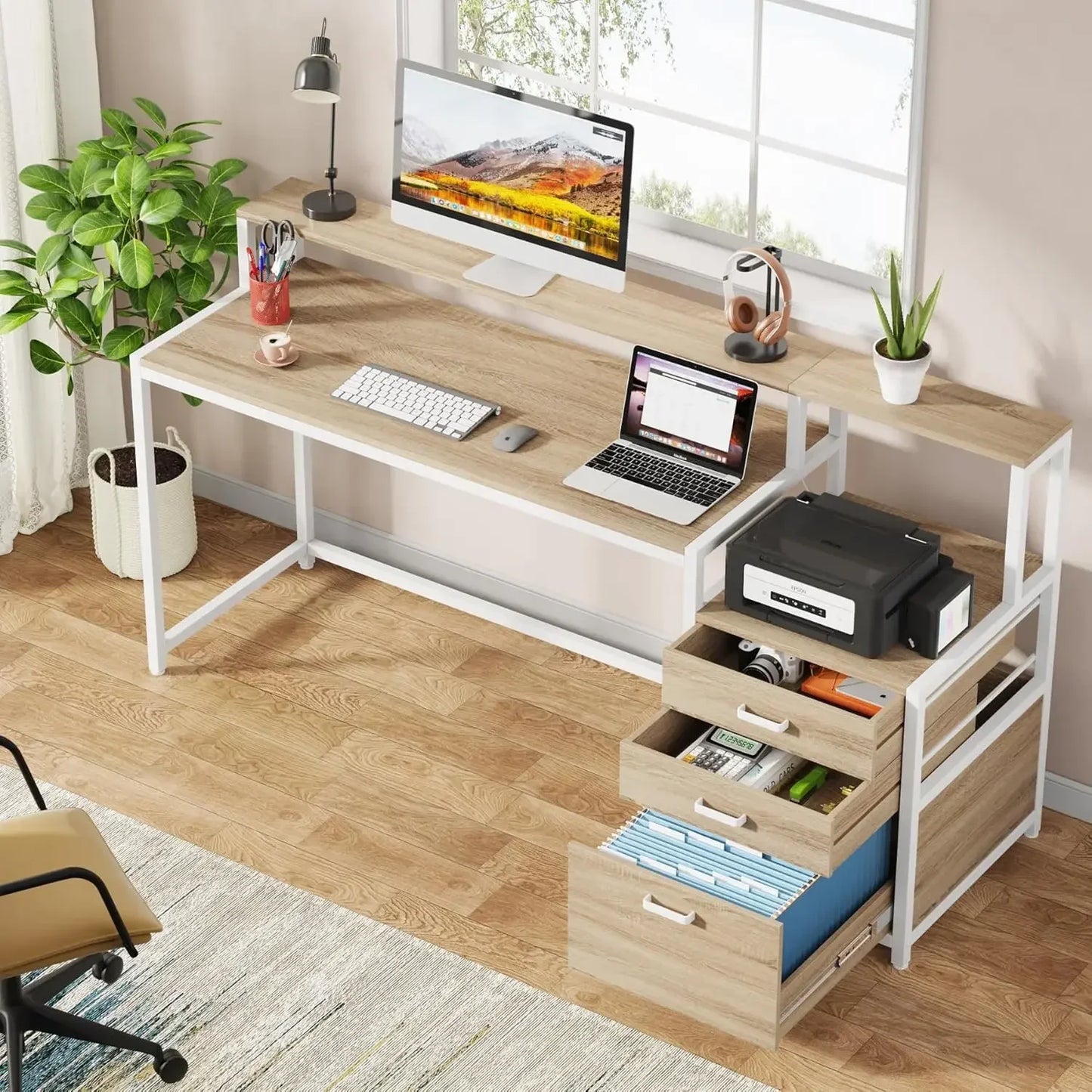 63 Inch Computer Desk with File Drawer Cabinet, Ergonomic Office Desk with Monitor Stand, Industrial Computer Table
