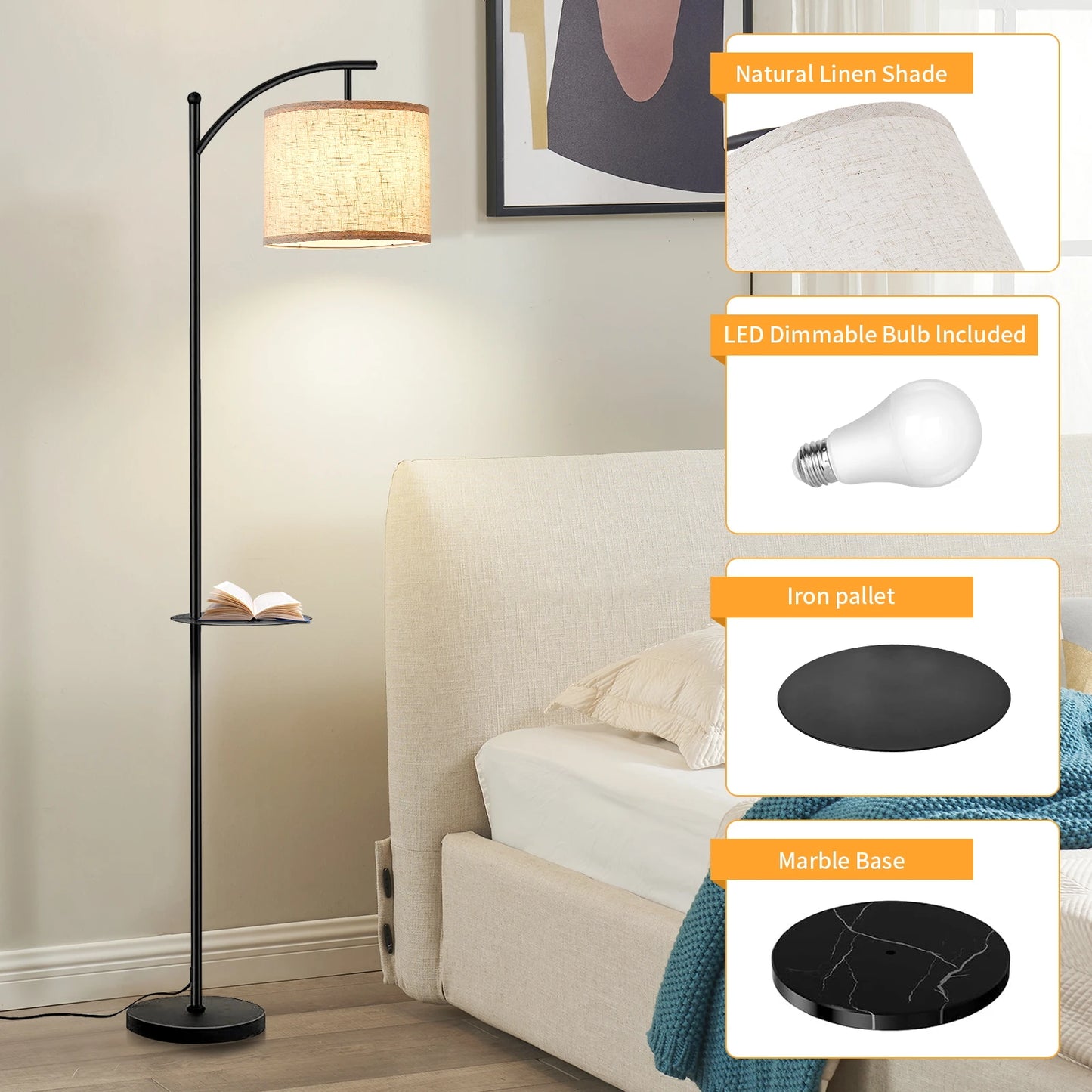 Floor Lamp With 3 Color Temperatures, Standing Lamp With Magnetic Remote Control For Bedroom, Living Room( 9W LED Bulb Included)