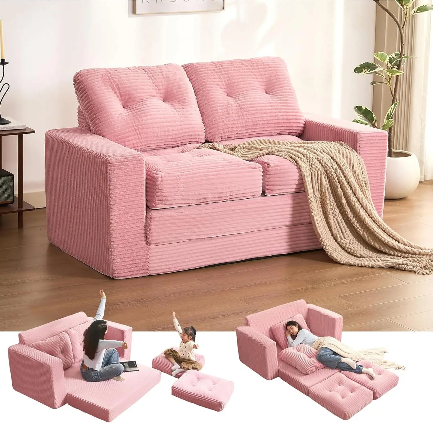 61" Corduroy 3-in-1 Convertible Sofa Bed - Pull Out Sleeper with Futon & Pillows