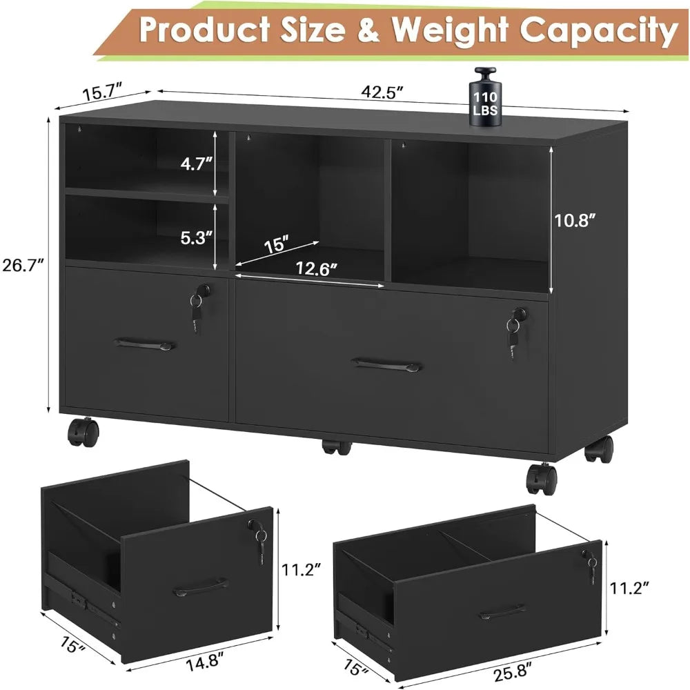 Wood Lateral File Cabinet with Lock,Lockable Rolling Filing Cabinet with Adjustable Storage Shelves,Printer Stand Office Storage