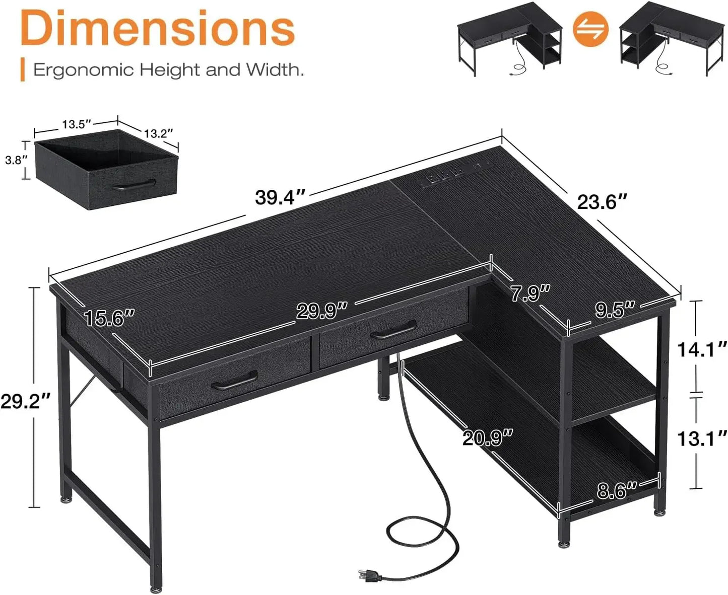 40 Inch L Shaped Computer Desk with 2 Drawers, Small Desk for Small Space, Home Office Table for Laptop Users, Black