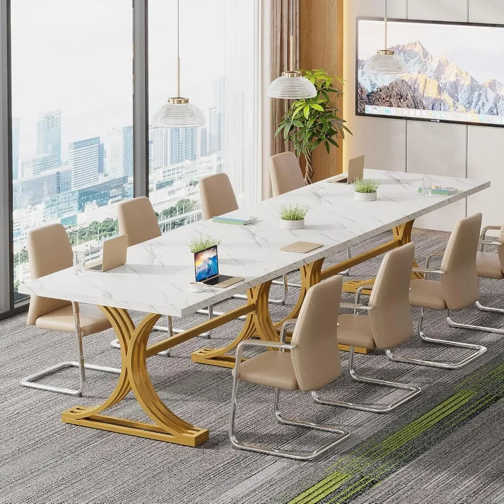 5FT Conference Table for 4 to 6, 63" W x 31.5" D Modern Meeting Table with Faux Marble Tabletop, White and Gold Business