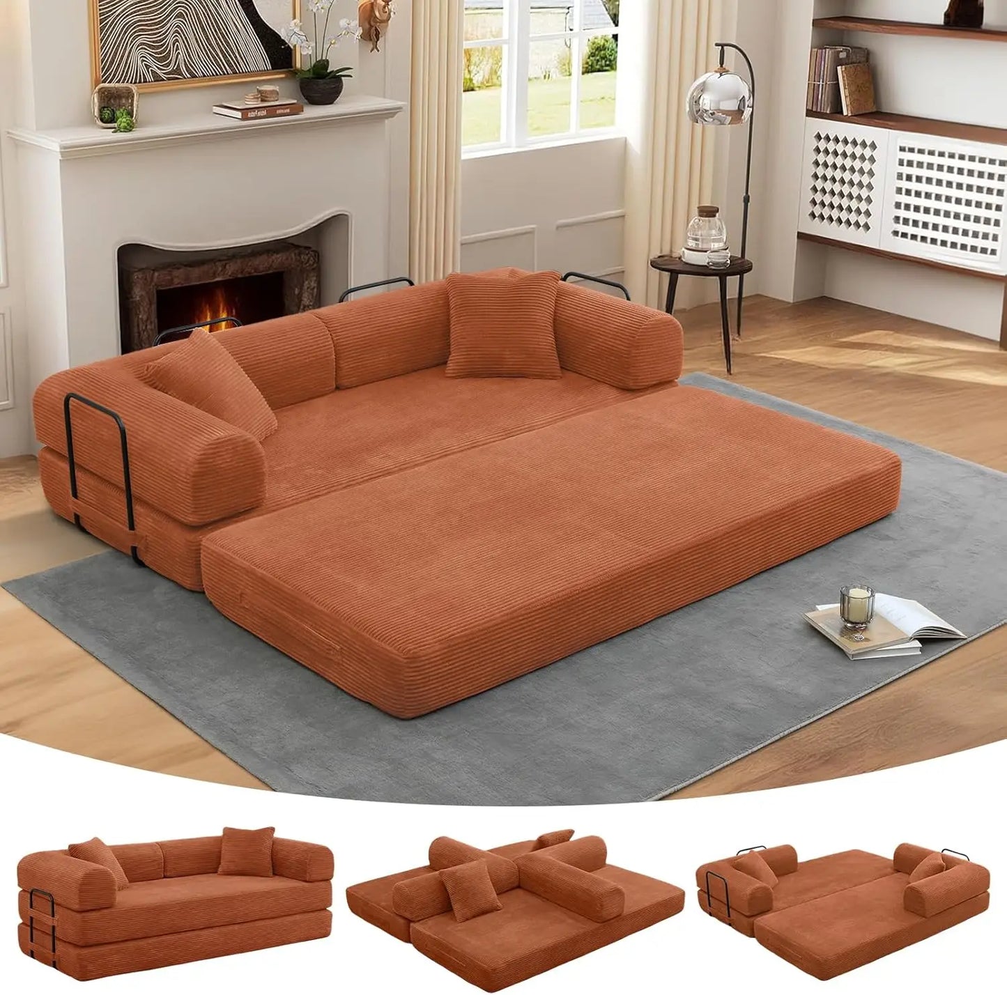 Convertible Folding Sofa Bed - Modular Floor Couch with Removable Backrest, Corduroy & Fixed-Frame