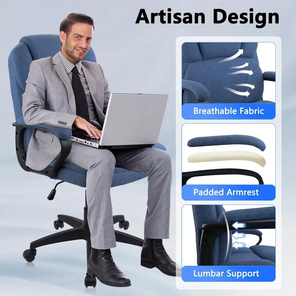 Blue Cloth Office Chair Fabric Covered Desk Chair, Adjustable Height Swivel Chairs Ergonomic Executive Chair with Arms and Whee