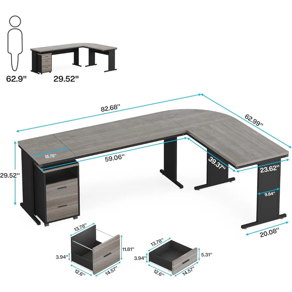 L-Shaped Executive Desk, Large Office Desk with Drawes,Industrial Corner Computer Table with File Cabinet, Business Workstation
