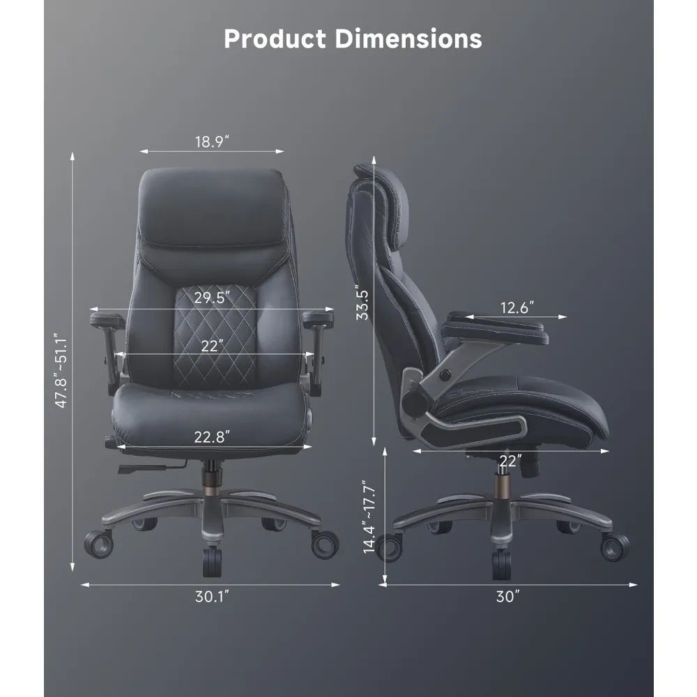Big and Tall Office Chair with 5D Flip Arms, 600LBS PU Leather Executive Chair with Adjustable Lumbar Support 3'' Double Space W