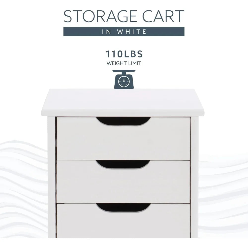 Corinne Six Drawer Storage, White Wash Rolling Cart