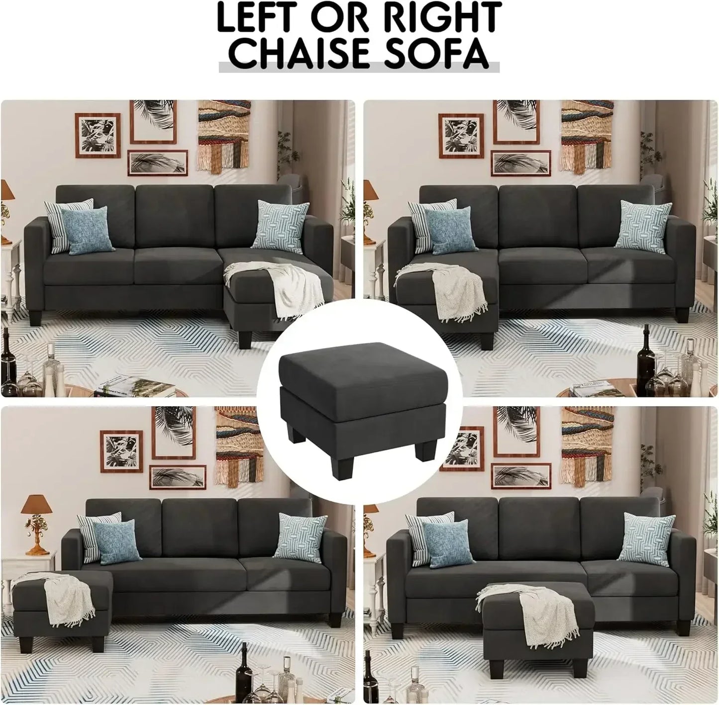 Convertible Sectional 3 L-Shaped Couch Soft Seat with Modern Linen Fabric, Space-saving Sofas