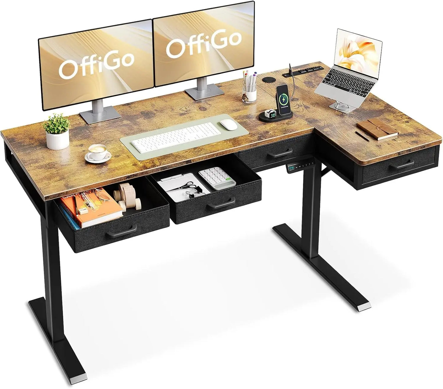 63 Inch L Shaped Electric Standing Desk with Drawers, Height Adjustable Large Desk with Power Outlets, Sit Stand Table